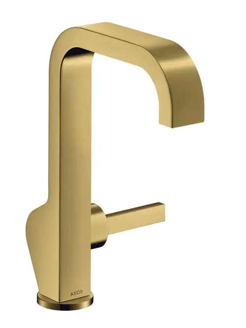 Einhebel-Waschtischmischer in Polished Gold Optic von AXOR mit rechteckigem Auslauf und seitlichem Griff zur Bedienung.